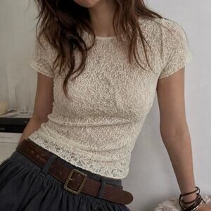 Vtg Cinema Etoile Sz M Cream Nylon Mesh Lace Soft Grunge Coquette Balletcore Top
